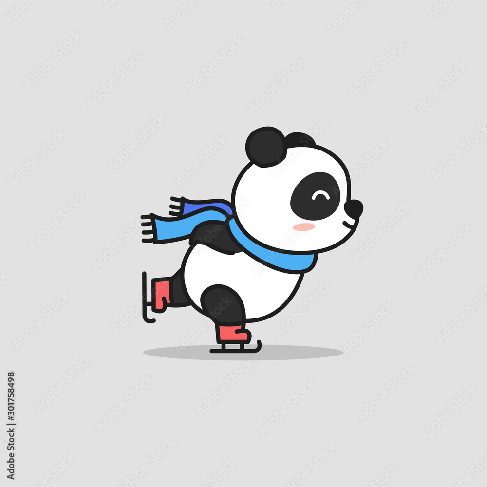 Cute Panda ice skating and wear scarf, vector cartoon illustration Cute Panda ice skating and wear scarf, vector cartoon illustration