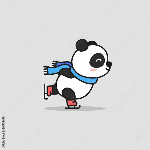 Cute Panda ice skating and wear scarf, vector cartoon illustration