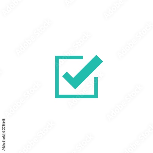 Valid Seal icon. Blue tick in squared box. Flat OK sticker icon. Isolated on white. Accept button.