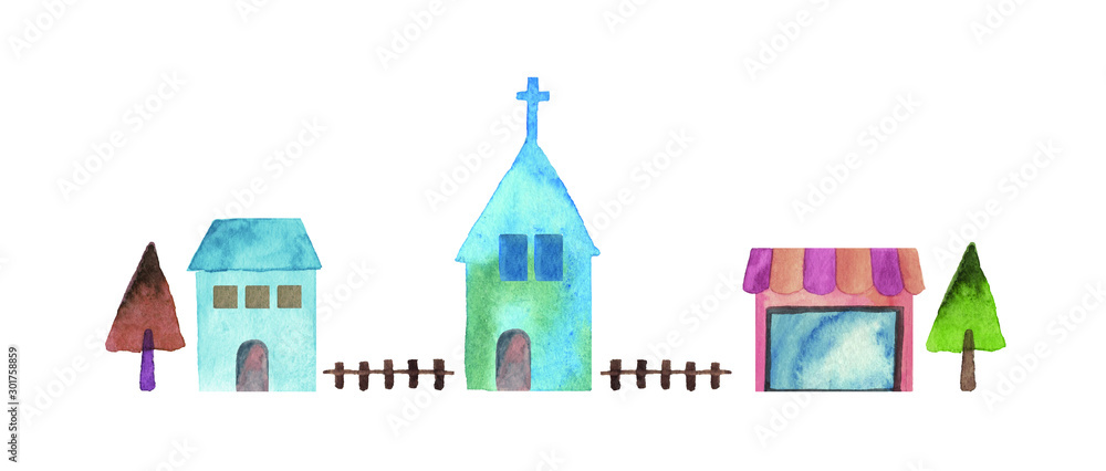 水彩の教会と家