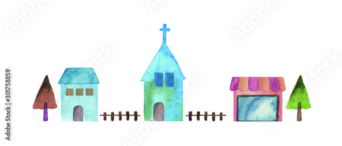 水彩の教会と家