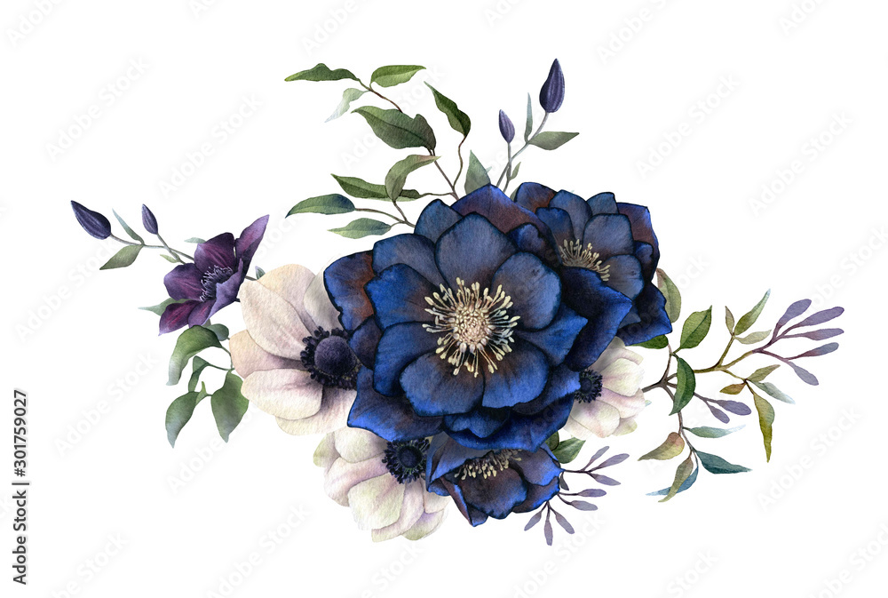 Picturesque arrangement of dark hellebores, anemones and clematises branches hand drawn in watercolor isolated on white background.Watercolor illustration.Ideal for creating invitations, wedding cards - obrazy, fototapety, plakaty 