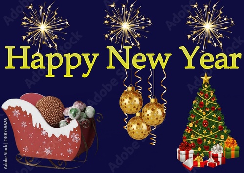 Greeting Card Design Template with New Year's toys and fireworks. Vector illustration of christmas background. Santa Claus sleigh and Christmas tree with gifts. Against the dark blue background