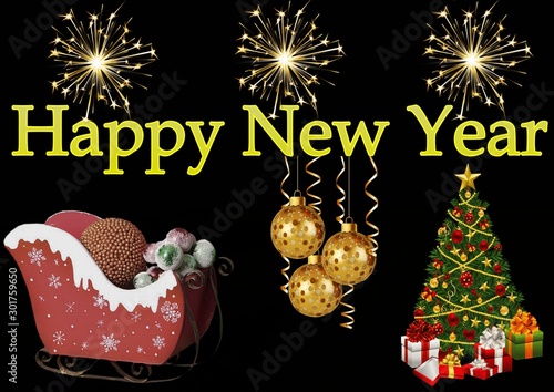 Greeting Card Design Template with New Year's toys and fireworks. Vector illustration of christmas background. Santa Claus sleigh and Christmas tree with gifts. On a black background
