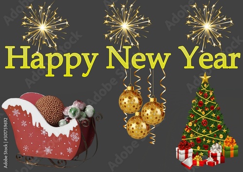 Greeting Card Design Template with New Year's toys and fireworks. Vector illustration of christmas background. Santa Claus sleigh and Christmas tree with gifts. On a dark gray background