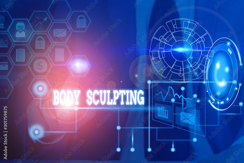 Conceptual hand writing showing Body Sculpting. Concept meaning activity of increasing the body s is visible muscle tone Picture photo network scheme with modern smart device Conceptual hand writing showing Body Sculpting. Concept meaning activity of increasing the body s is visible muscle tone Picture photo network scheme with modern smart device