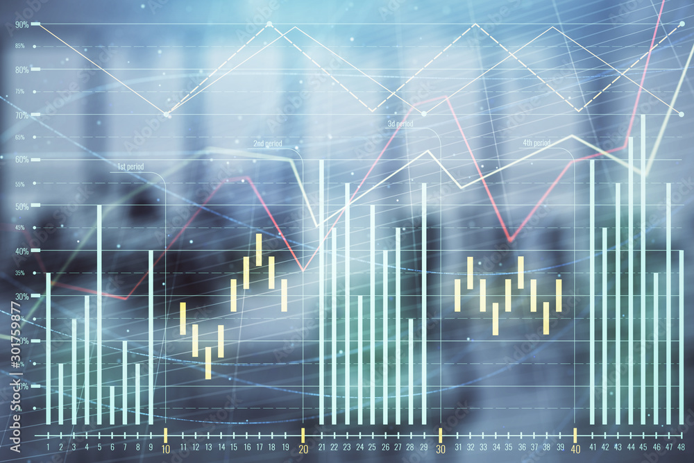 Stock and bond market graph with trading desk bank office interior on background. Multi exposure. Concept of financial analysis Stock and bond market graph with trading desk bank office interior on background. Multi exposure. Concept of financial analysis