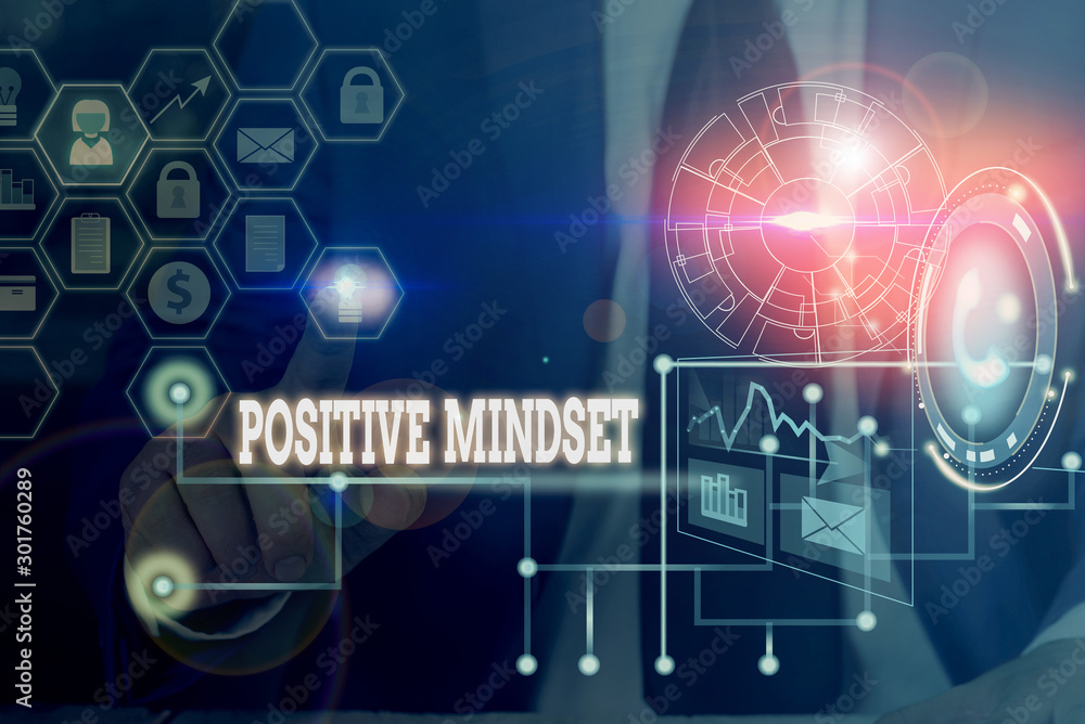 Conceptual hand writing showing Positive Mindset. Concept meaning mental attitude in wich you expect favorable results Picture photo network scheme with modern smart device
