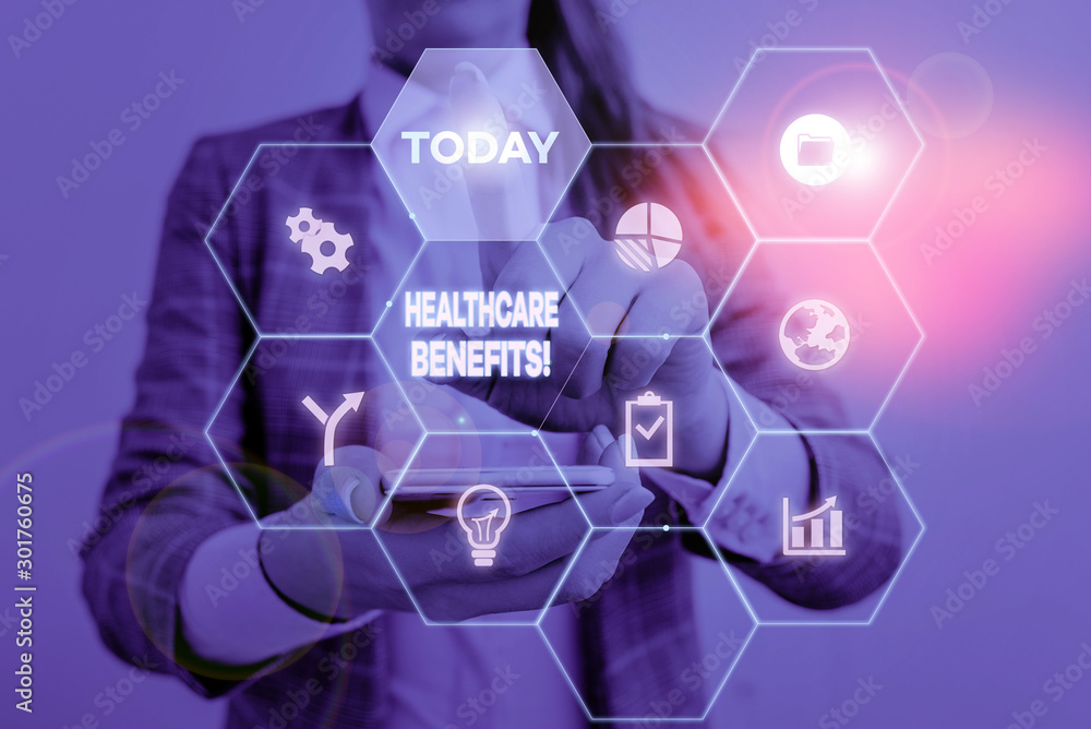 Handwriting text Healthcare Benefits. Conceptual photo monthly fair market valueprovided to Employee dependents Woman wear formal work suit present presentation using smart latest device Handwriting text Healthcare Benefits. Conceptual photo monthly fair market valueprovided to Employee dependents Woman wear formal work suit present presentation using smart latest device