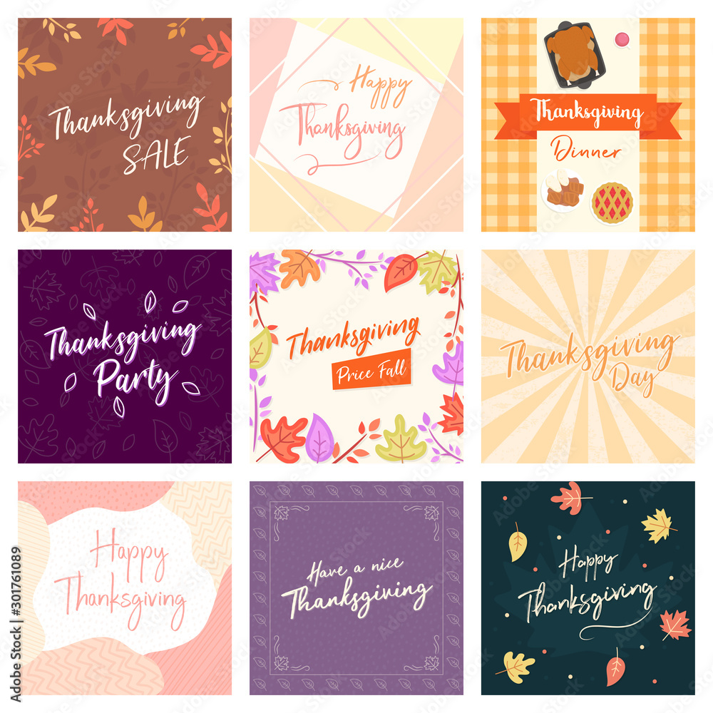 Thanksgiving Party Background Flyer Banner poster template vector illustration Autumn holiday greeting card set pack