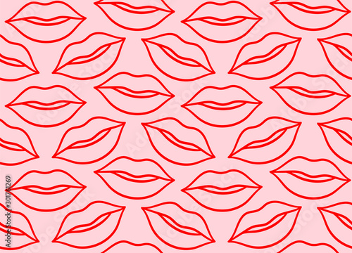 Red line lips kisses seamless pattern on pink background