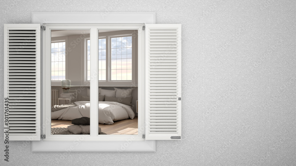 Exterior plaster wall with white window with shutters, showing interior modern bedroom with double bed, blank background with copy space, architecture design concept, mockup template Exterior plaster wall with white window with shutters, showing interior modern bedroom with double bed, blank background with copy space, architecture design concept, mockup template