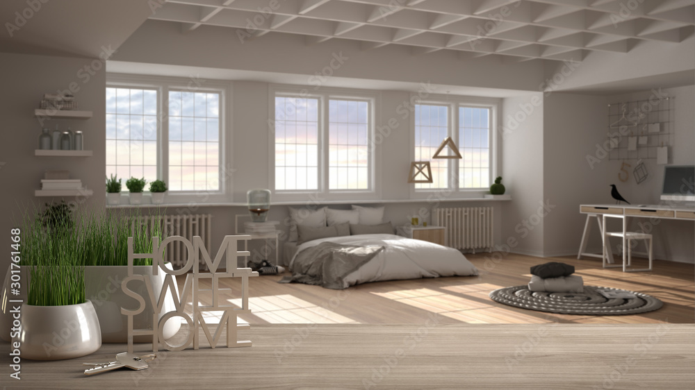 Fototapeta premium Wooden table, desk or shelf with potted grass plant, house keys and 3D letters home sweet home, over minimal bedroom with bed, architecture interior design, copy space background