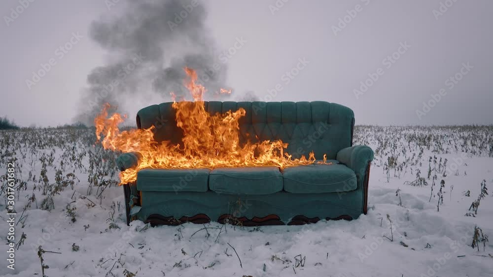 The sofa in the field is flammable. Incineration of furniture