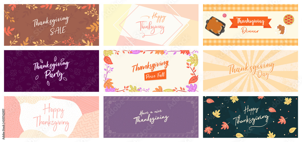 Happy Thanksgiving Sale Cover Flyer Banner poster template vector illustration Autumn holiday greeting card set pack