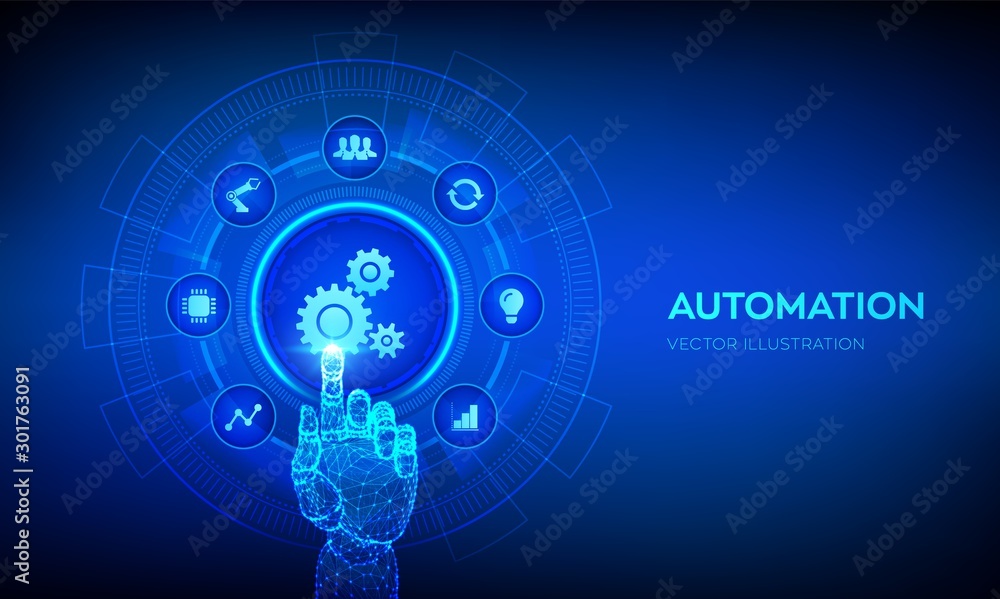 Automation Software. IOT and Automation concept as an innovation, improving productivity in technology and business processes. Robotic hand touching digital interface. Vector illustration. Automation Software. IOT and Automation concept as an innovation, improving productivity in technology and business processes. Robotic hand touching digital interface. Vector illustration.