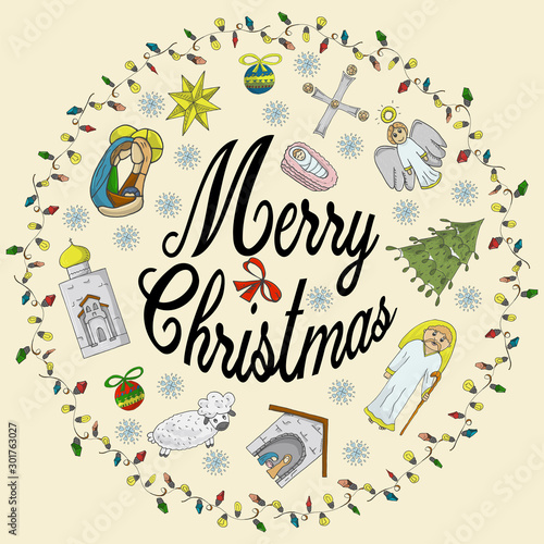 Orthodox Christmas color banner in a circle of garlands with the inscription congratulations in the style of children's Doodle baby tree among the balls angel baby urasheno snowflake temple