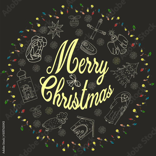 Orthodox Christmas outline banner in a circle of garlands with the inscription congratulations in the style of children's Doodle baby tree among the balls angel baby urasheno snowflake temple