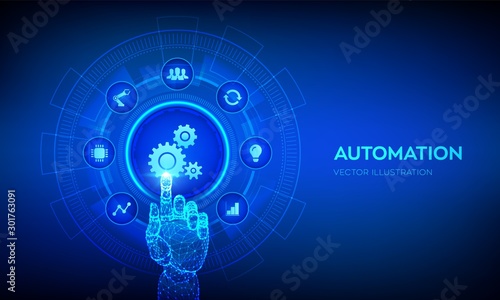 Automation Software. IOT and Automation concept as an innovation, improving productivity in technology and business processes. Robotic hand touching digital interface. Vector illustration.