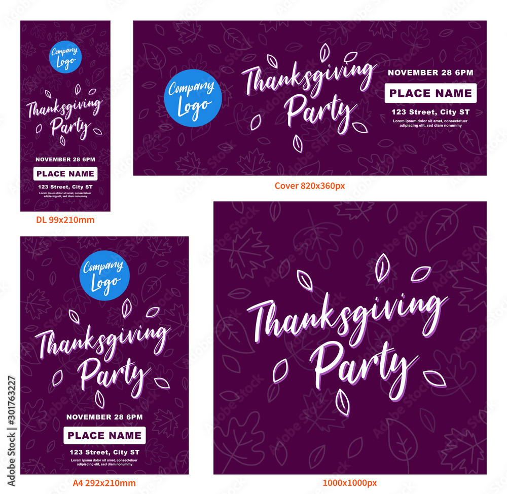 Thanksgiving Party Cover DL A4 Flyer Banner poster template vector illustration Autumn holiday greeting card set pack