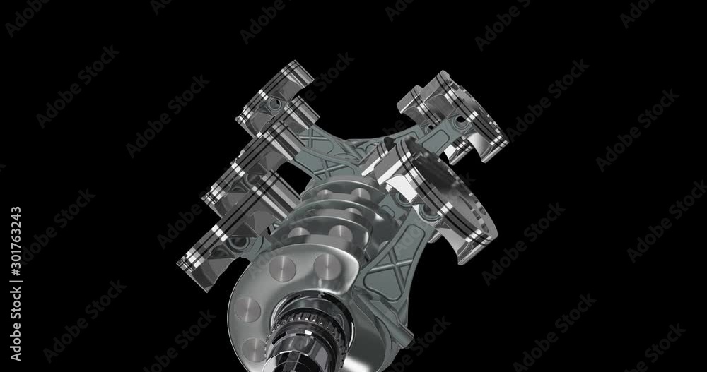 Animation movies of V 8 engine pistons on a crankshaft. Animation. 3D render. Isolated on black background Animation movies of V 8 engine pistons on a crankshaft. Animation. 3D render. Isolated on black background