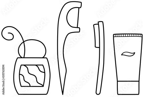 Set of dental floss, toothpaste and toothbrush in black lines