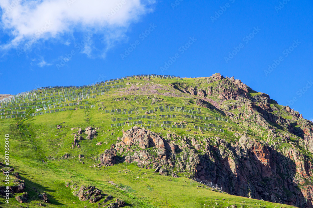 Avalanche barrierAvalanche barrier in the summer in the mountains, Elbrus region Avalanche barrierAvalanche barrier in the summer in the mountains, Elbrus region