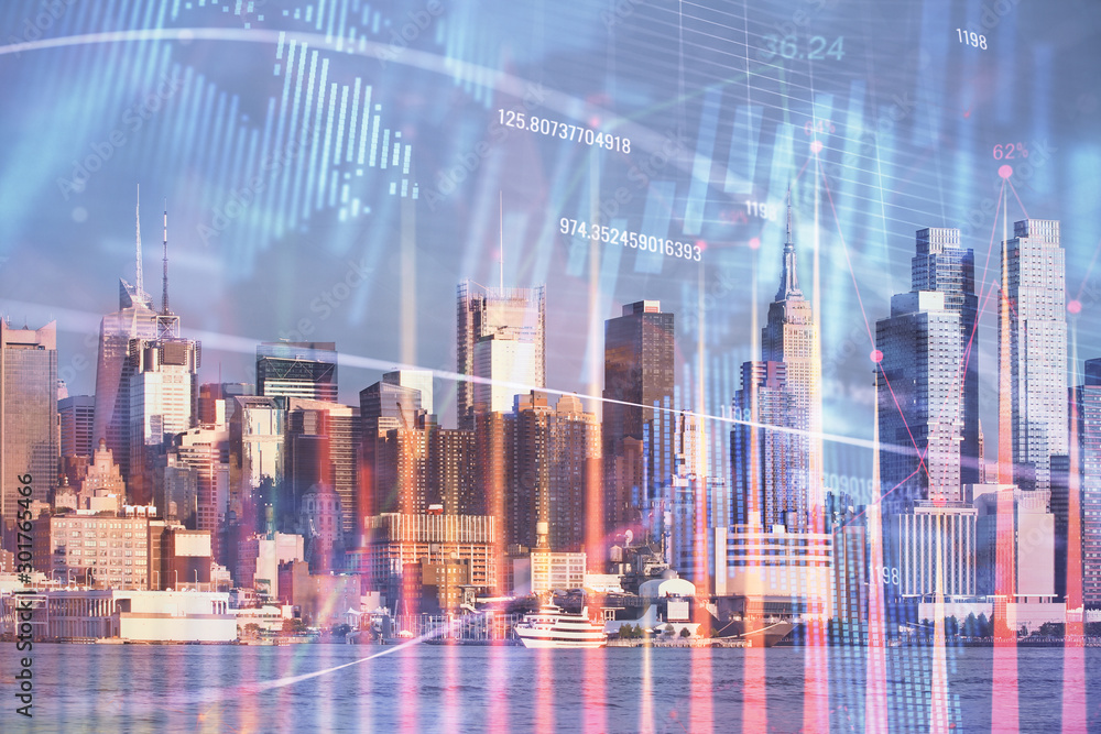 Forex graph on city view with skyscrapers background double exposure. Financial analysis concept. Forex graph on city view with skyscrapers background double exposure. Financial analysis concept.