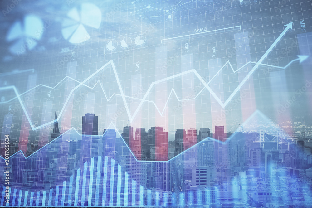 Forex graph on city view with skyscrapers background multi exposure. Financial analysis concept. Forex graph on city view with skyscrapers background multi exposure. Financial analysis concept.