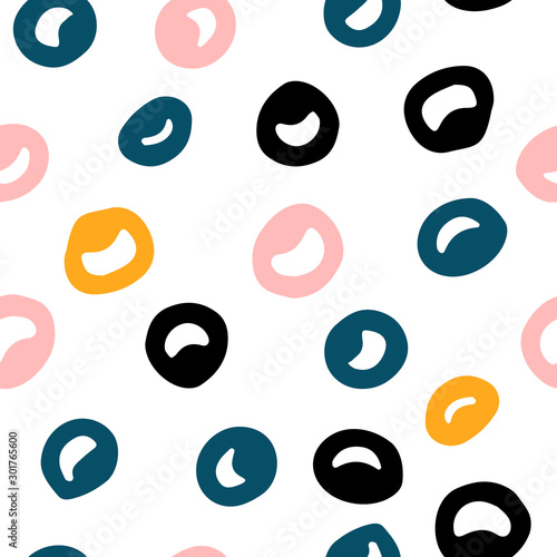 Seamless Scandinavian pattern. Black, gold, pink, blue, white hand-drawn rings on a pastel background. Neutral cozy ornament. Vector illustrations with circles for wallpaper, posters, wrapping paper