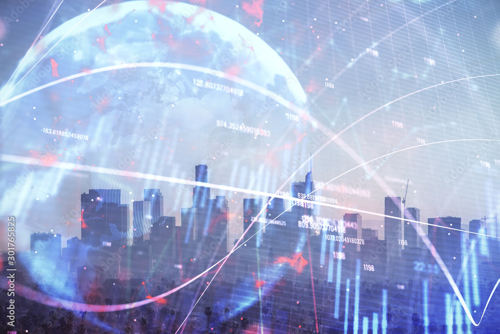 Forex chart on cityscape with skyscrapers wallpaper double exposure. Financial research concept. Forex chart on cityscape with skyscrapers wallpaper double exposure. Financial research concept.
