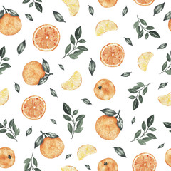 Papier peint photo Fruits aquarelle patrons Oranges mandarines feuilles vertes aquarelle  © madiwaso