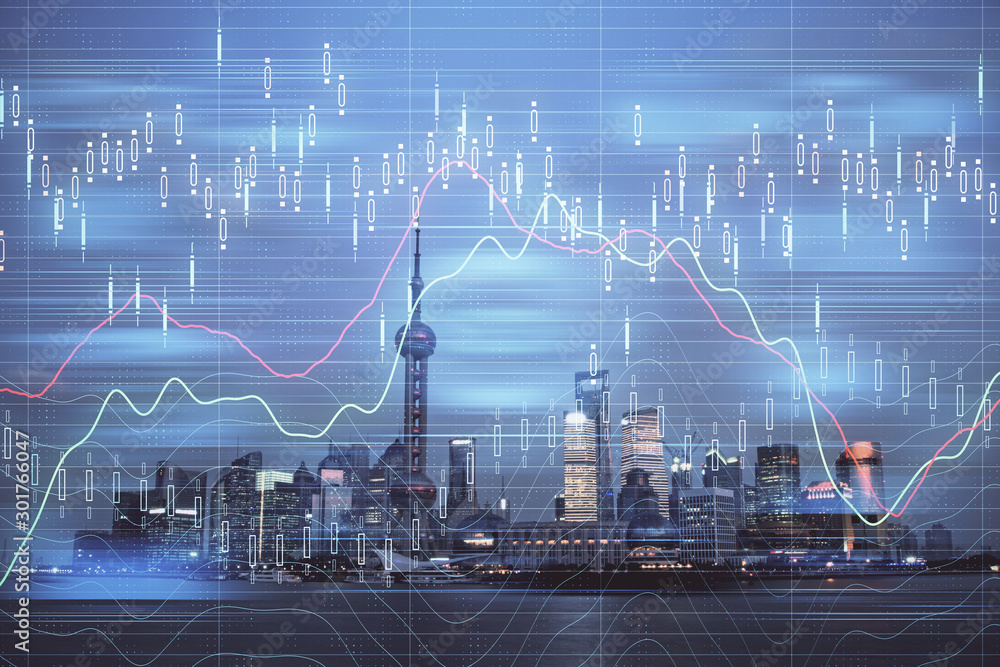Fototapeta Forex chart on cityscape with tall buildings background multi exposure. Financial research concept.