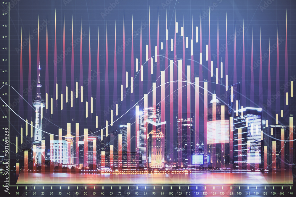 Financial graph on night city scape with tall buildings background double exposure. Analysis concept. Financial graph on night city scape with tall buildings background double exposure. Analysis concept.