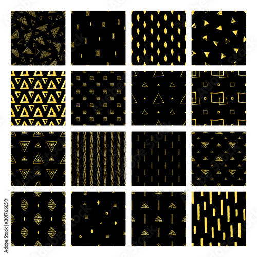 Set golden geometric seamless pattern with line, triangle, square, rhombus on black background. Abstract texture in hand drawn style for textile, Wallpaper, wrapping paper. Vector illustration