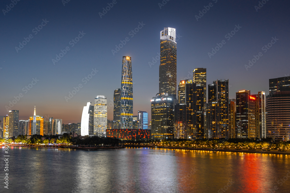 Fototapeta premium wide-angle night aerial view of Guangzhou Zhujiang New Town financial district, Guangdong, China.