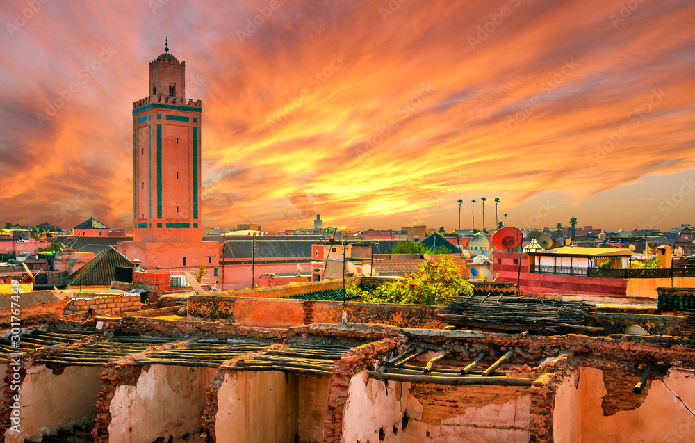 Panoramic sunset view of Marrakech and old medina, Morocco