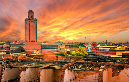 Panoramic sunset view of Marrakech and old medina, Morocco photo