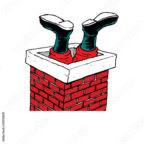 funny cartoon Santa Claus got stuck in the chimney on the roof, vector greeting card