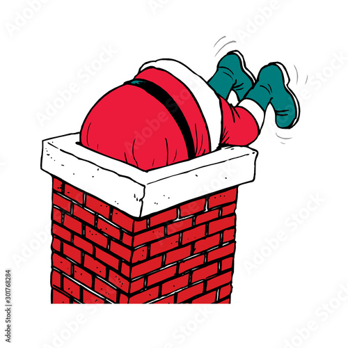 funny cartoon Santa Claus got stuck in the chimney on the roof, vector greeting card