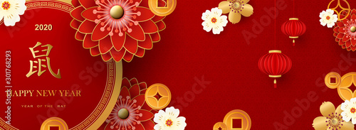 Bright banner with Chinese elements for 2020 New Year. Patterns in a modern style, geometric decorative ornaments. Translation of hieroglyphs - Happy New Year, zodiac sign Rat.