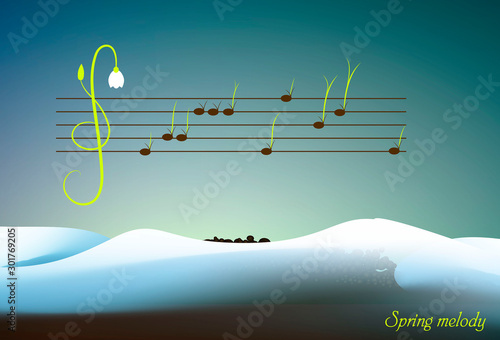 spring melody concept, grass and flower sprouts look like music notes, spring music creative idea,