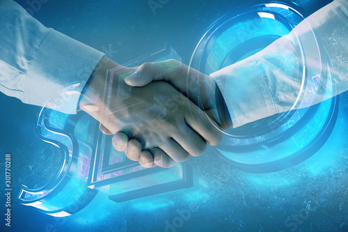 Multi exposure of seo icon drawing on abstract background with two men handshake. Concept of information search