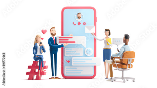 Fototapeta Naklejka Na Ścianę i Meble -  Application development and social media concept. 3d illustration.  Cartoon characters. Business teamwork concept on white background.