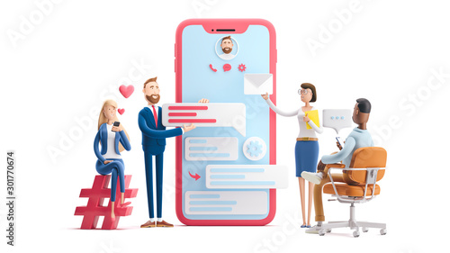 Application development and social media concept. 3d illustration.  Cartoon characters. Business teamwork concept on white background.