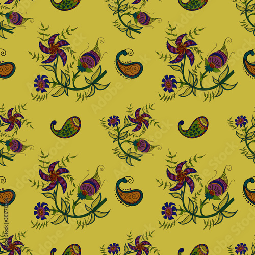 Seamless pattern with elements of Indian painting in the kalamkari style and paisleys. Can be used for textiles,souvenirs and gifts.