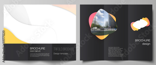The minimal vector illustration layouts. Modern creative covers design templates for trifold brochure or flyer. Yellow color gradient abstract dynamic shapes, colorful geometric template design.