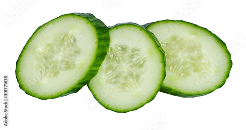 Isolated cucumber. Three slices of cucumber isolated on white background with clipping path