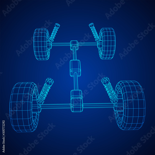 Chassis steering rack. Wireframe low poly mesh vector illustration. Auto service repair car concept.