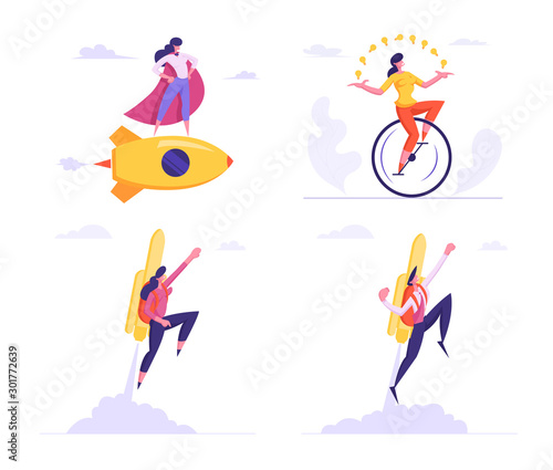 Set Female Super Employee with Arms Akimbo Flying on Golden Rocket and Riding Monocycle Juggling Light Bulbs. Business Success, Leadership, Professionalism Concept Cartoon Flat Vector Illustration